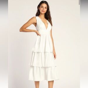 Lulu’s Peak Party Vibe White Satin Tiered Tie-Back Midi Dress - NWT Size XL